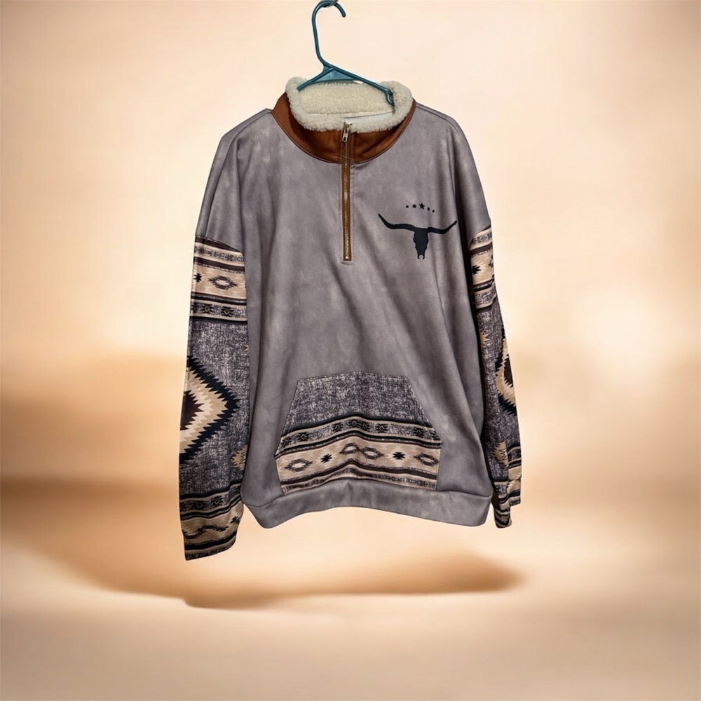 Aztec Print Quarter Zip Pullover Sherpa Collar Western 3XL